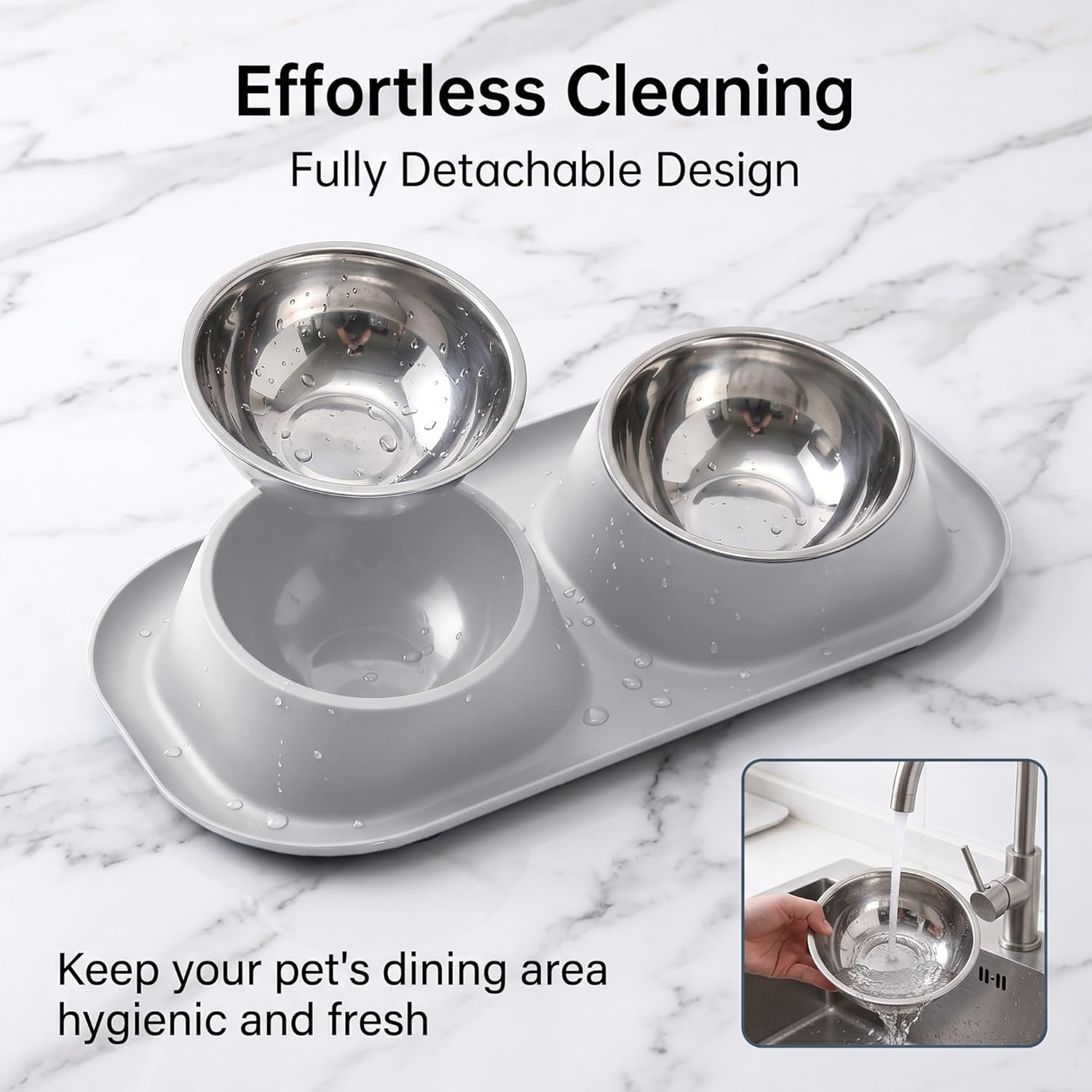 Detalle de Suhaco Raised Double Dog Bowl with Stainless Steel Bowls – Grey