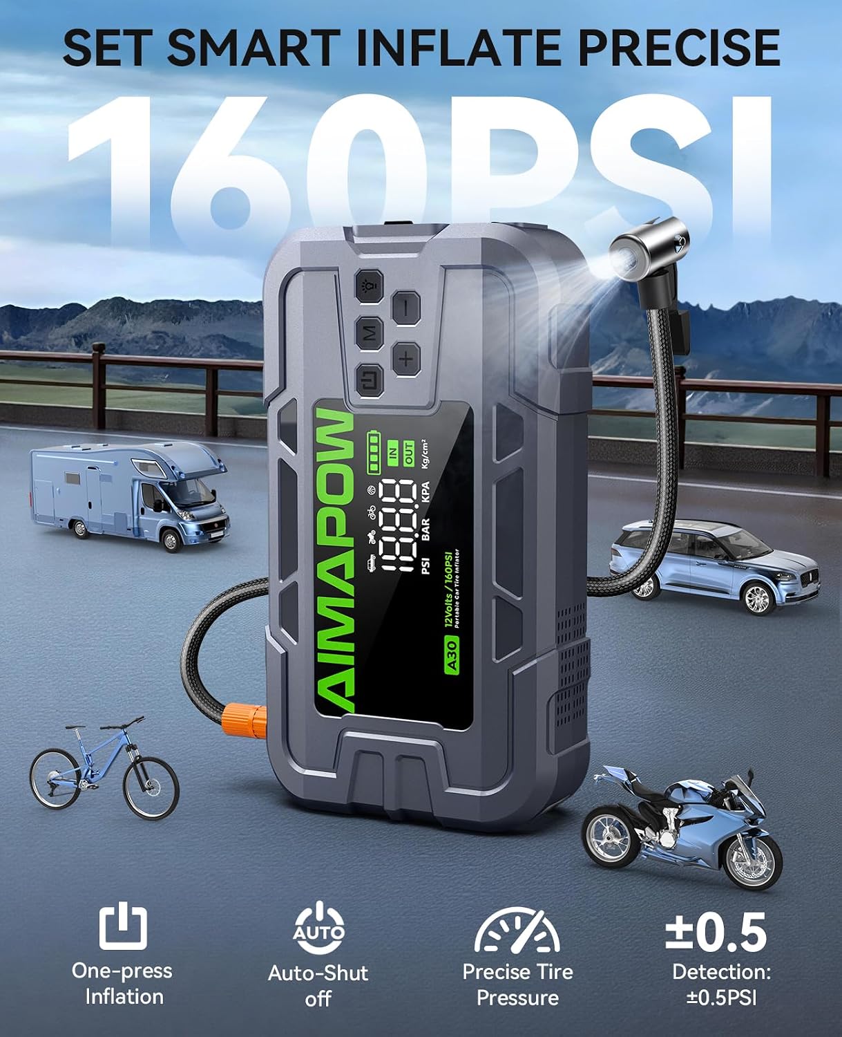 Thumbnail 4 de Car Battery Jump Starter with Air Compressor, 8000A, 160 PSI – 12V Portable, Quick Charge, 270° LED Light