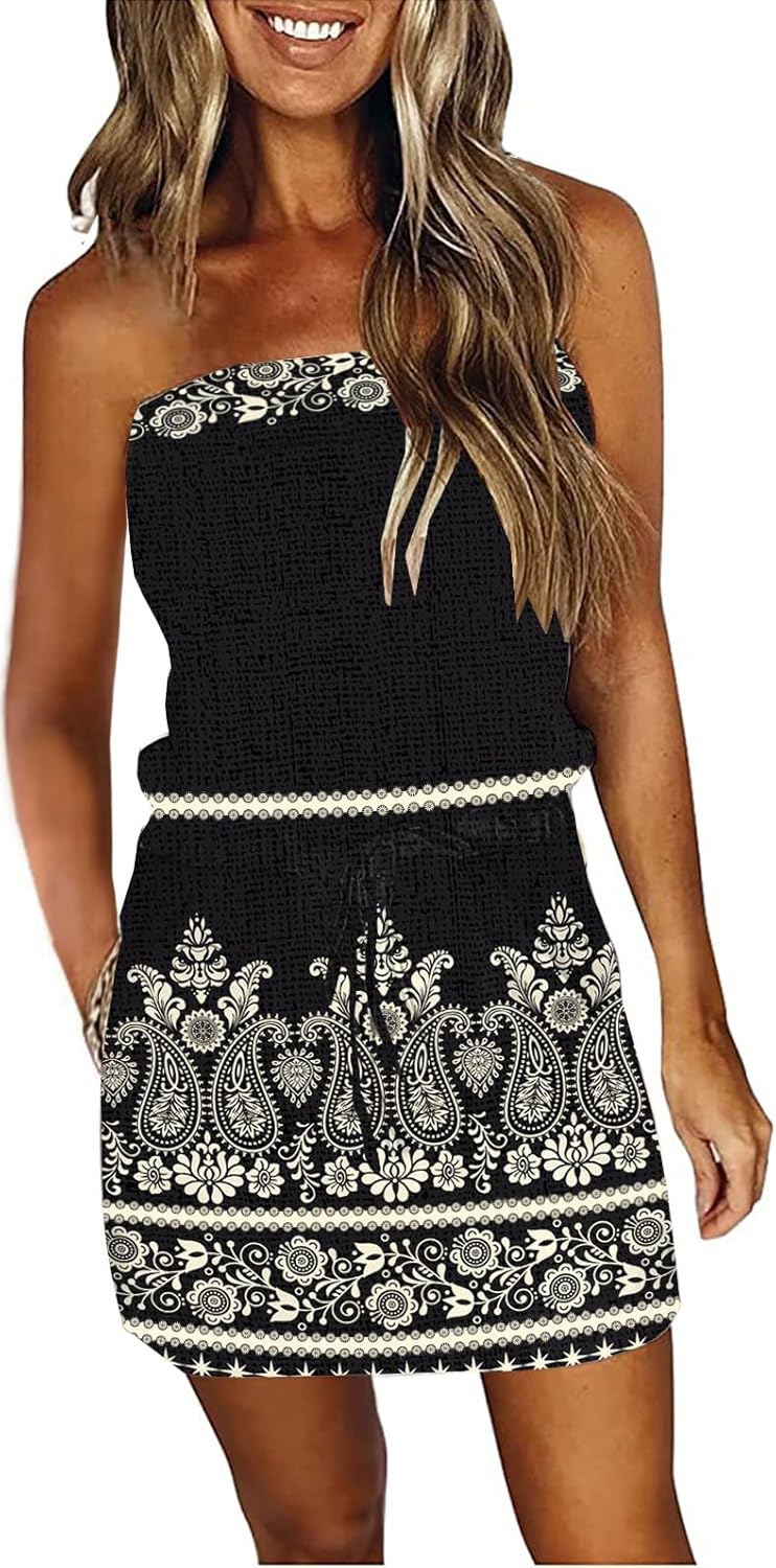 Thumbnail 6 de Women’s Strapless Summer Dress Boho Beach Cover-Up Mini Dress with Drawstring Waist & Pockets