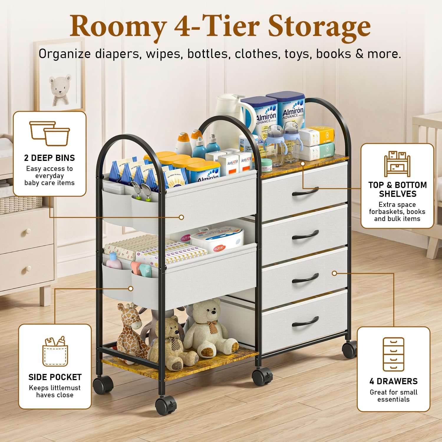 Detalle de Nylaira WJ-NBC 4-Tier Baby Diaper Caddy Cart with Drawers and Locking Wheels