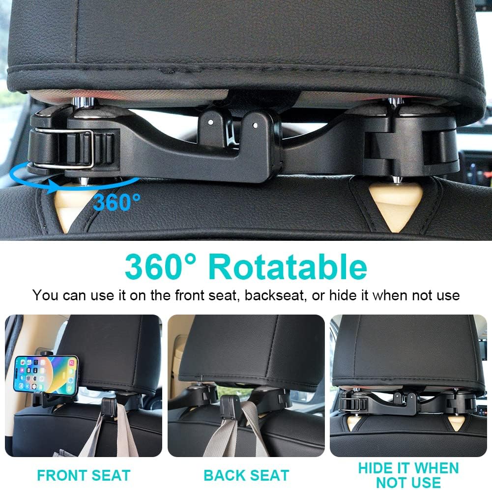 Thumbnail 4 de URAQT Auto-Kopfstützenhaken 2er-Set mit ausziehbarer Handyhalterung (360° drehbar)