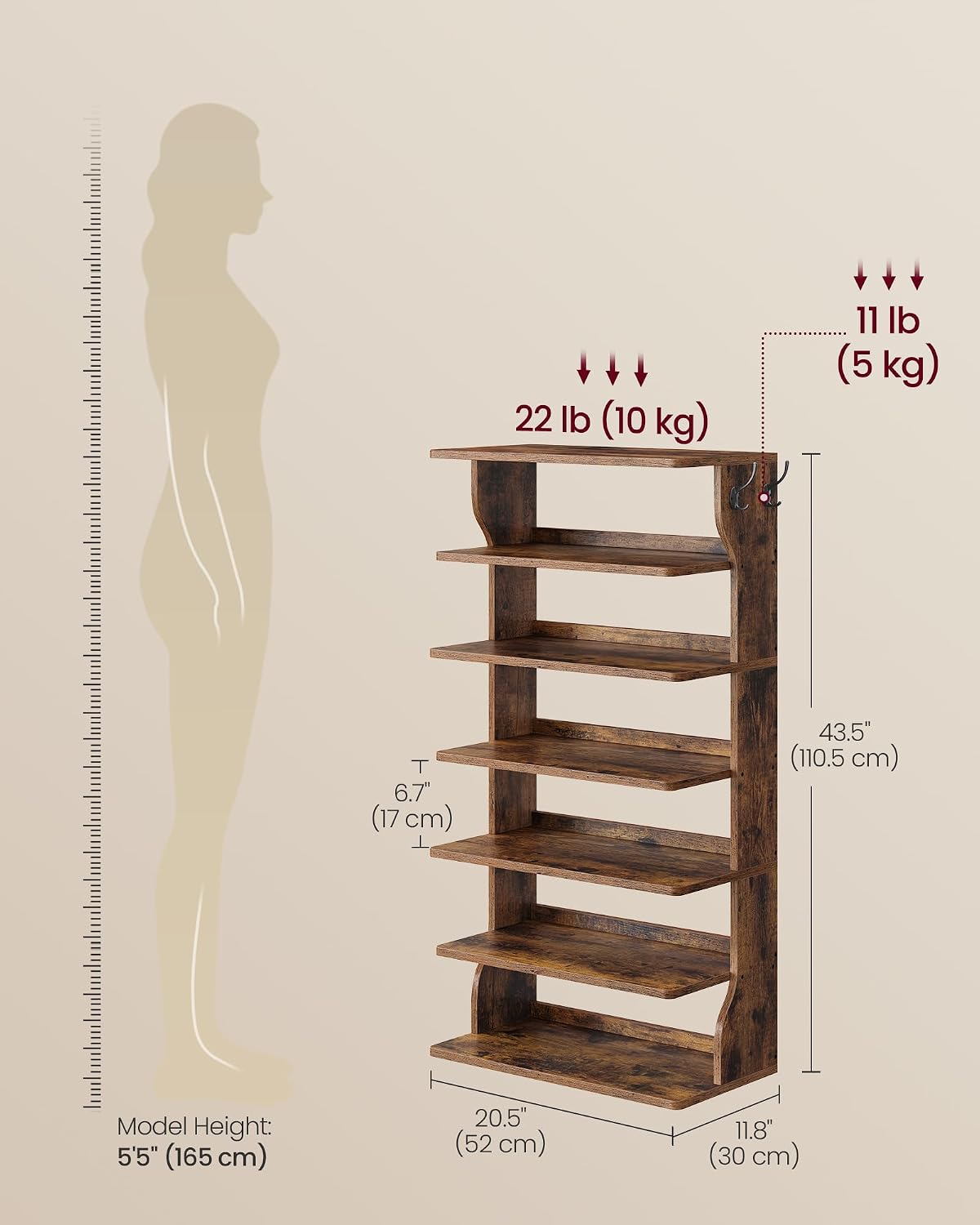 Thumbnail 2 de VASAGLE ULBS220KD01 7-Tier Shoe Rack, Slim Rustic Brown Organizer with Hooks
