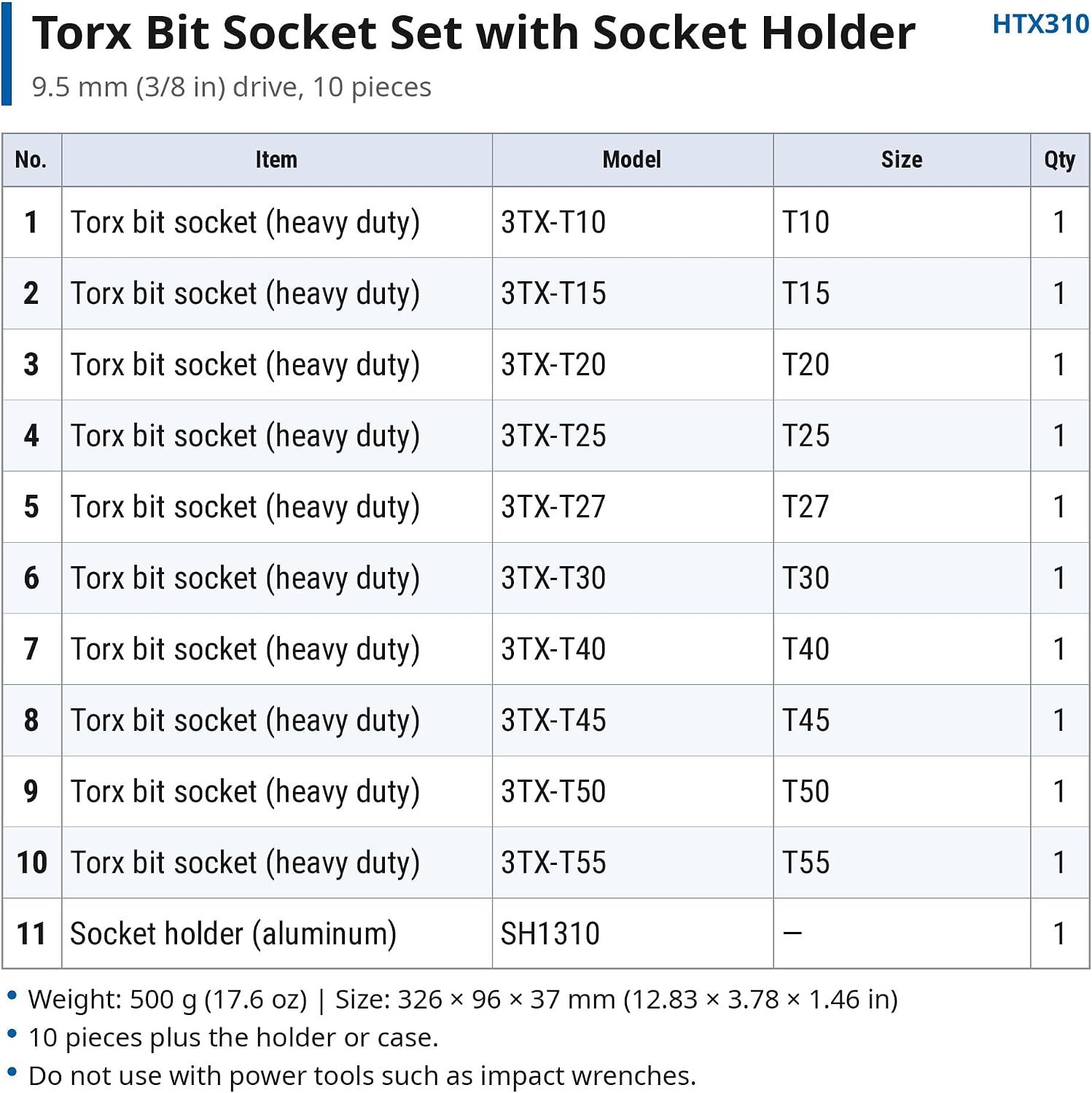 Detalle de トネ(TONE) HTX310 トルクスソケットセット 強力タイプ・ホルダー付 9.5mm差込角 10点