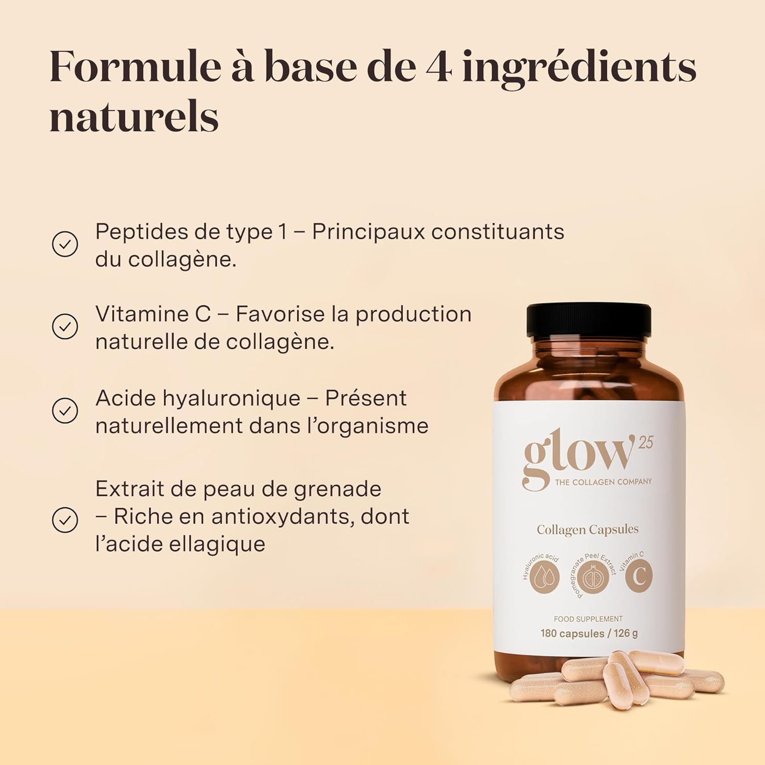 Thumbnail 2 de Glow25® Gélules de collagène à l’acide hyaluronique et vitamine C (180 gélules)