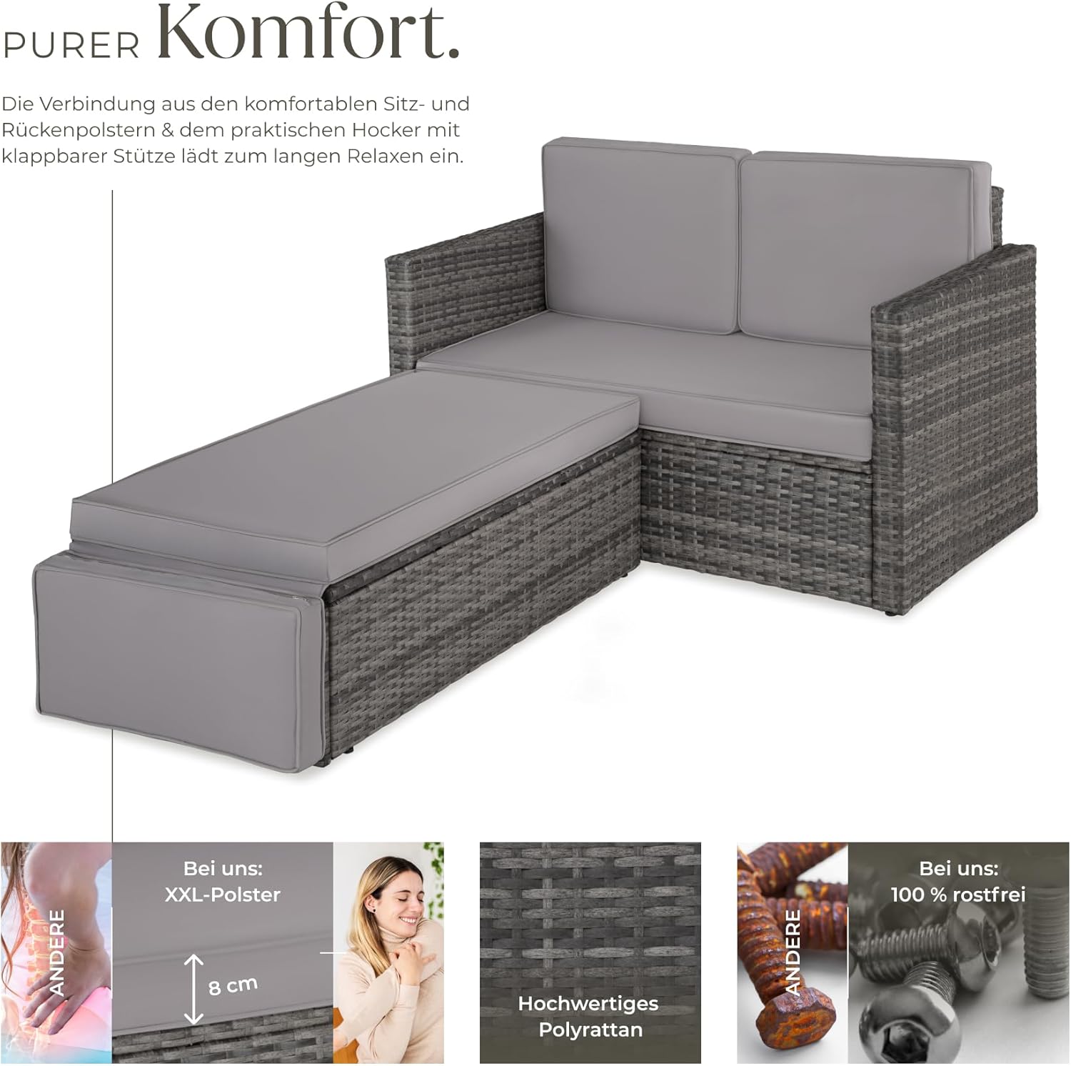 Detalle de tectake Sofa Set: 2-Sitzer Couch mit Hocker, Schlaffunktion und wetterfestem Polyrattan für Outdoor