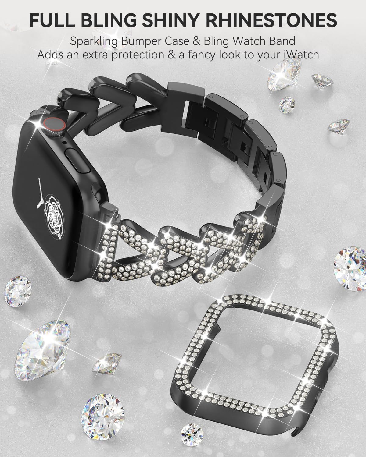 Detalle de Rhinestones Encrusted Metal Bracelet and Case for Apple Watch (38mm–49mm) in Bling Gold