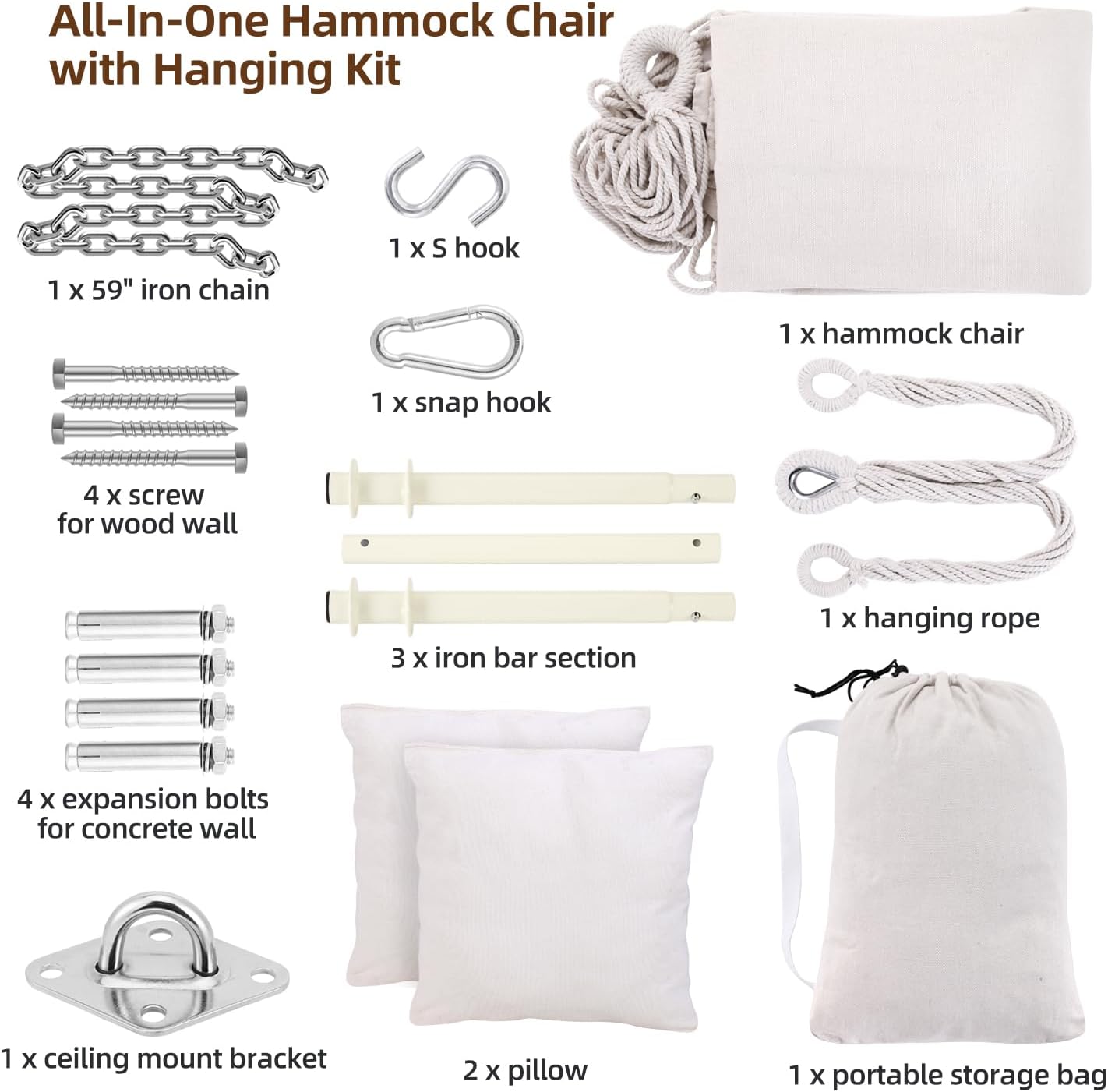 Thumbnail 4 de Ohuhu Hängesessel mit 2 Kissen und Deckenhaken-Kit – XL Outdoor Hängestuhl bis 150 kg, Beige
