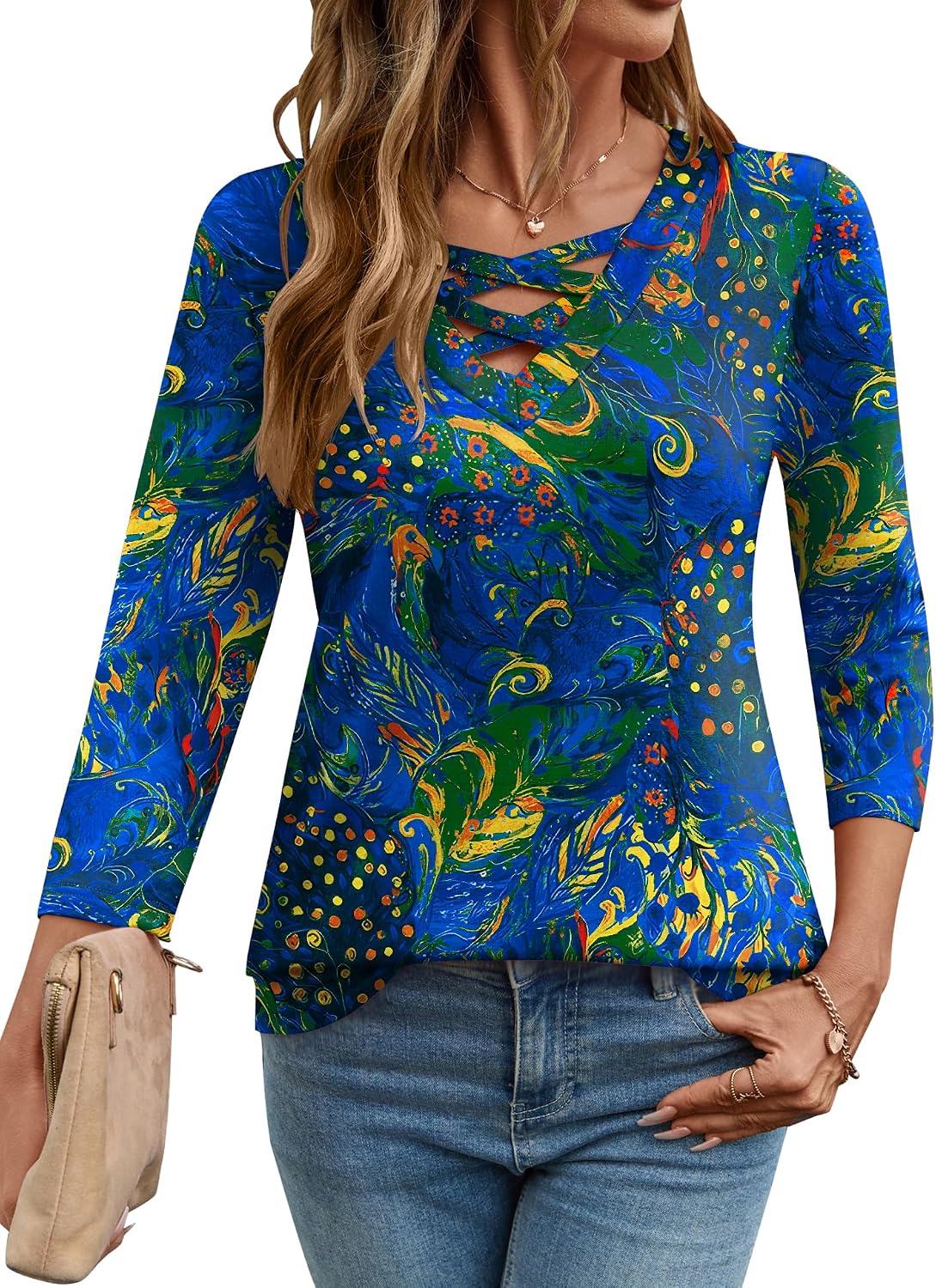 Detalle de Rapbin Women's Dressy Casual 3/4 Sleeve V-Neck Cross Tee