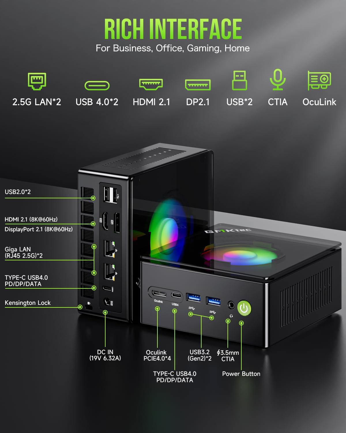 Thumbnail 6 de GMKtec K11 Mini Gaming PC with AMD Ryzen 9 8945HS, 32GB DDR5, 512GB SSD, Oculink, Dual 2.5GbE LAN