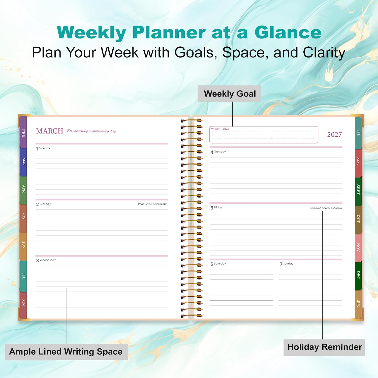 Detalle de CAGIE 2026–2027 Planner, 15-Month Monthly & Weekly, 8.5" x 11", Green Marble