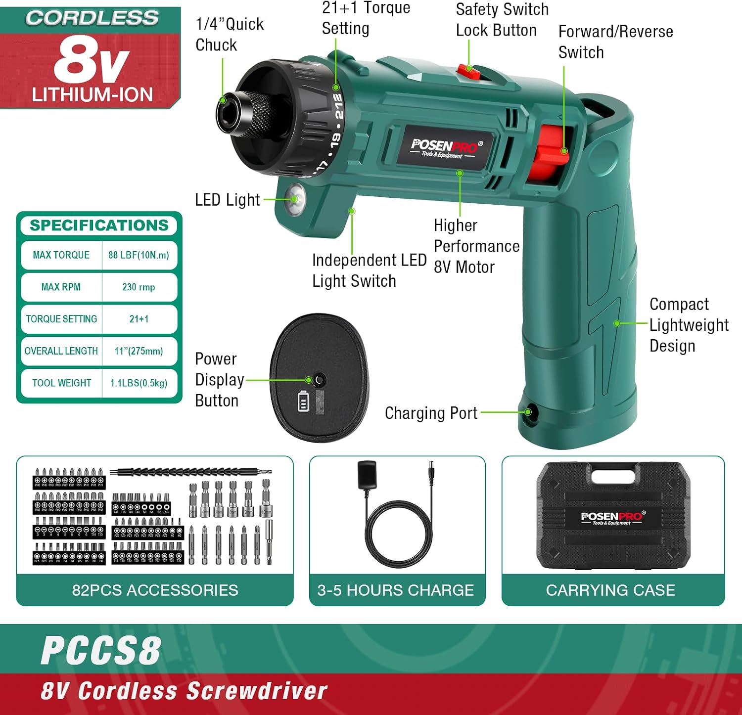 Detalle 2 de POSENPRO PCCS54GV - 2 accuschroevendraaier, 8 V, 10 Nm en 82 accessoires