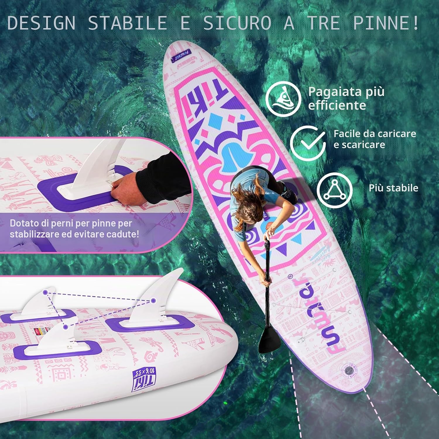 Detalle de FunWater Tavola Gonfiabile con Pinne, Guinzaglio di Sicurezza e Pagaia – Set completo per adulti e ragazzi