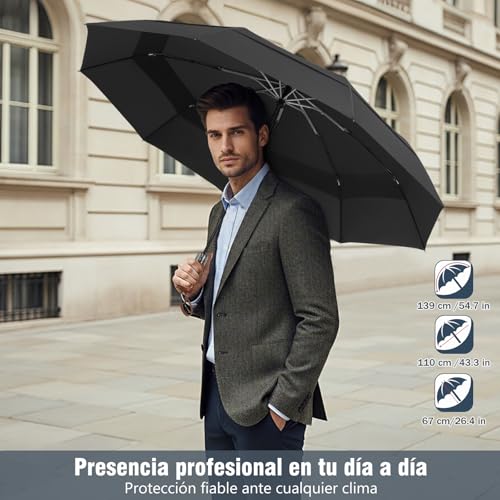 Detalle de ZOMAKE Paraguas Plegable Antiviento Grande 139 cm – Resistente y Automático (Negro)