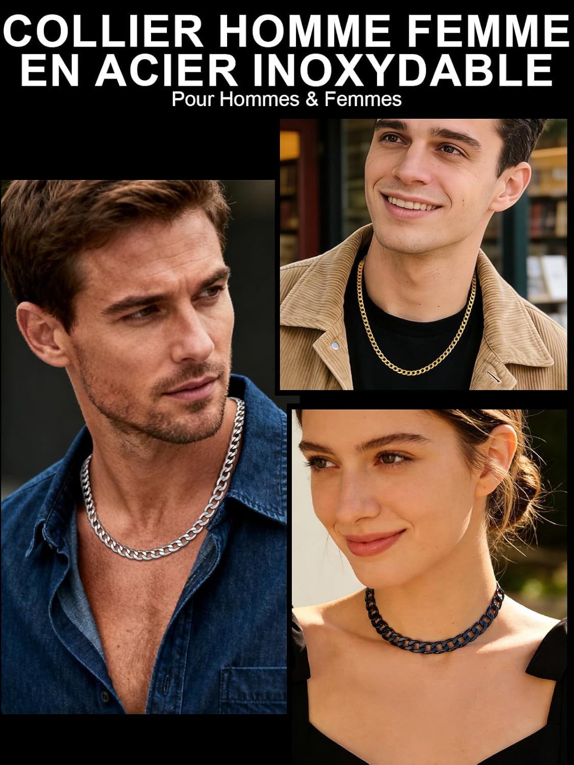 Thumbnail 1 de ChainsPro Collier chaîne cubaine Miami en acier inoxydable 316L (4/6/9/13 mm, 46–76 cm) argent/noir/or en coffret cadeau