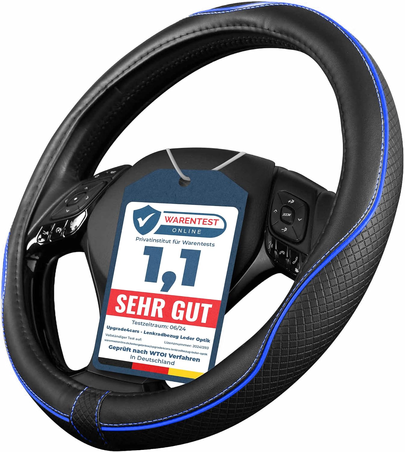 Detalle de Upgrade4cars Lenkradbezug Blau Schwarz (Leder-Optik) – universelle Lenkradhülle 37–38 cm
