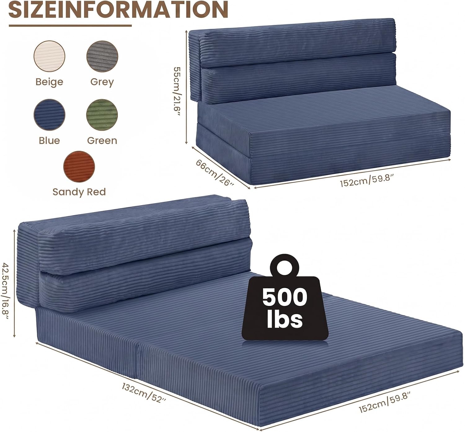 Thumbnail 1 de JUIKURY wzsfc-blue-queen Folding Sofa Bed, Blue Corduroy Convertible Chair