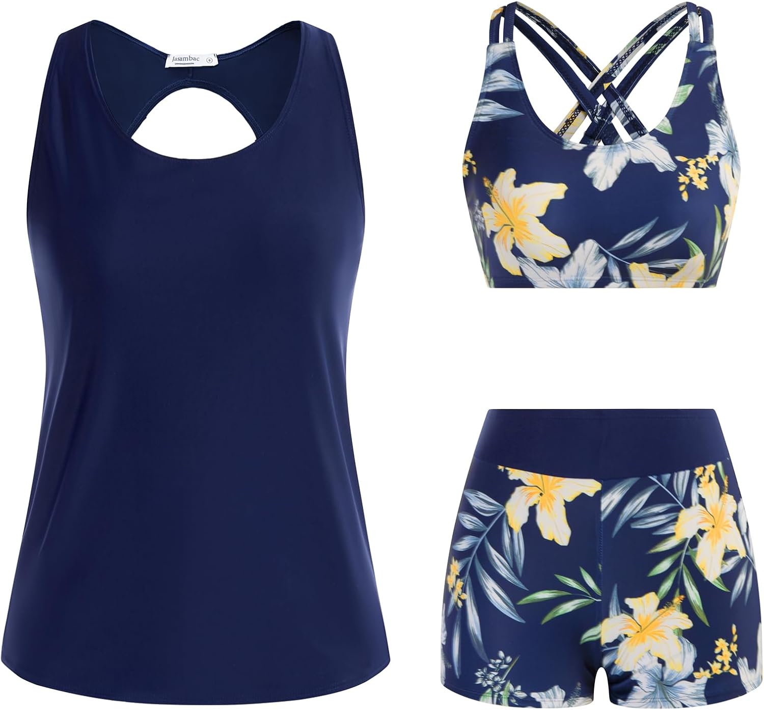 Detalle de JASAMBAC Drei-Teile Tankini Damen Bauchweg mit Push-up-Bikinioberteil & High-W waist Badeshorts – Vielseitige Bademode für Strand & Pool