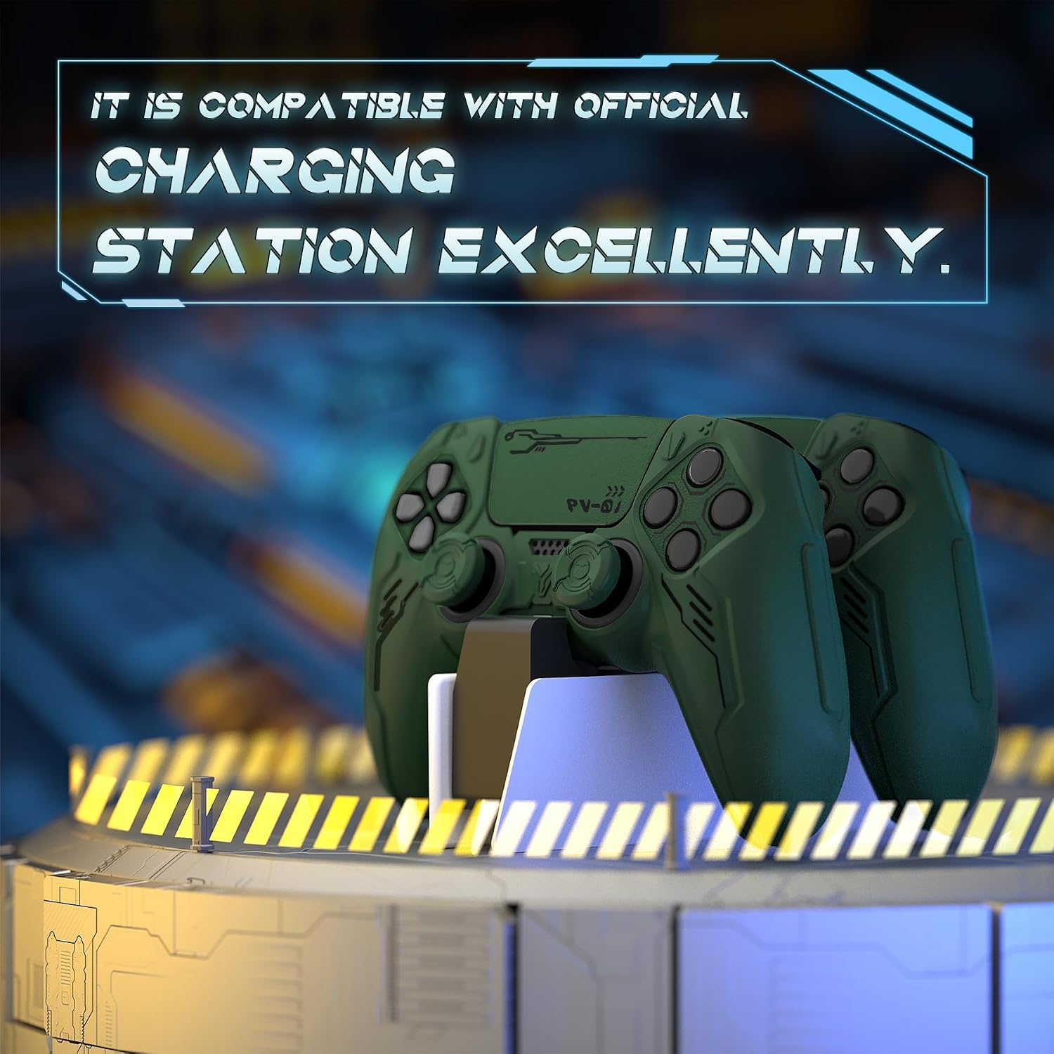 Detalle de PlayVital Mecha Edition Silicone Cover for PS5 Controller (Green) – Anti-Slip, Shockproof, with Joystick Caps & Stickers