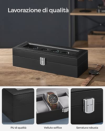 Detalle de SONGMICS Porta Orologi a 6 Posti JWB06BK – Scatola Portaorologi con Vetro, Cuscini Rimovibili e Serratura