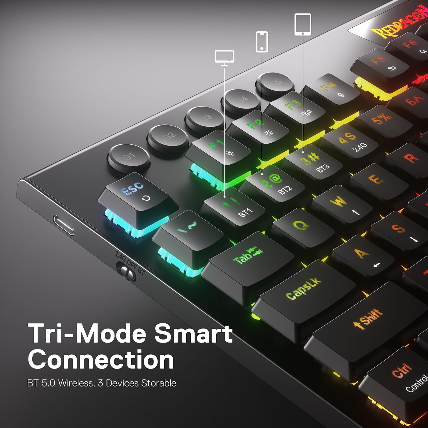 Detalle de Redragon K618 Horus Wireless RGB Low Profile Mechanical Keyboard (Tri-Mode: Bluetooth/2.4Ghz/Wired) with Linear Red Switch