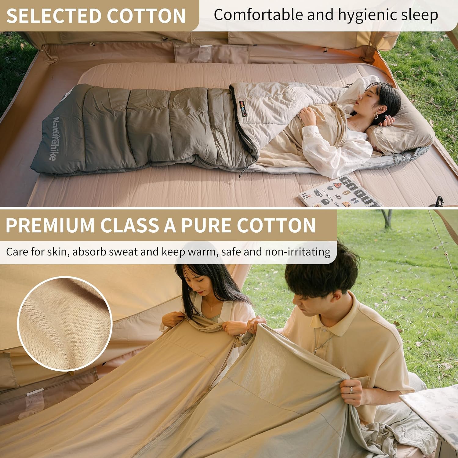 Thumbnail 3 de Naturehike Drap de sac de couchage de voyage ultraléger en microfibre avec compartiment oreiller (coton, 210 x 75 cm)