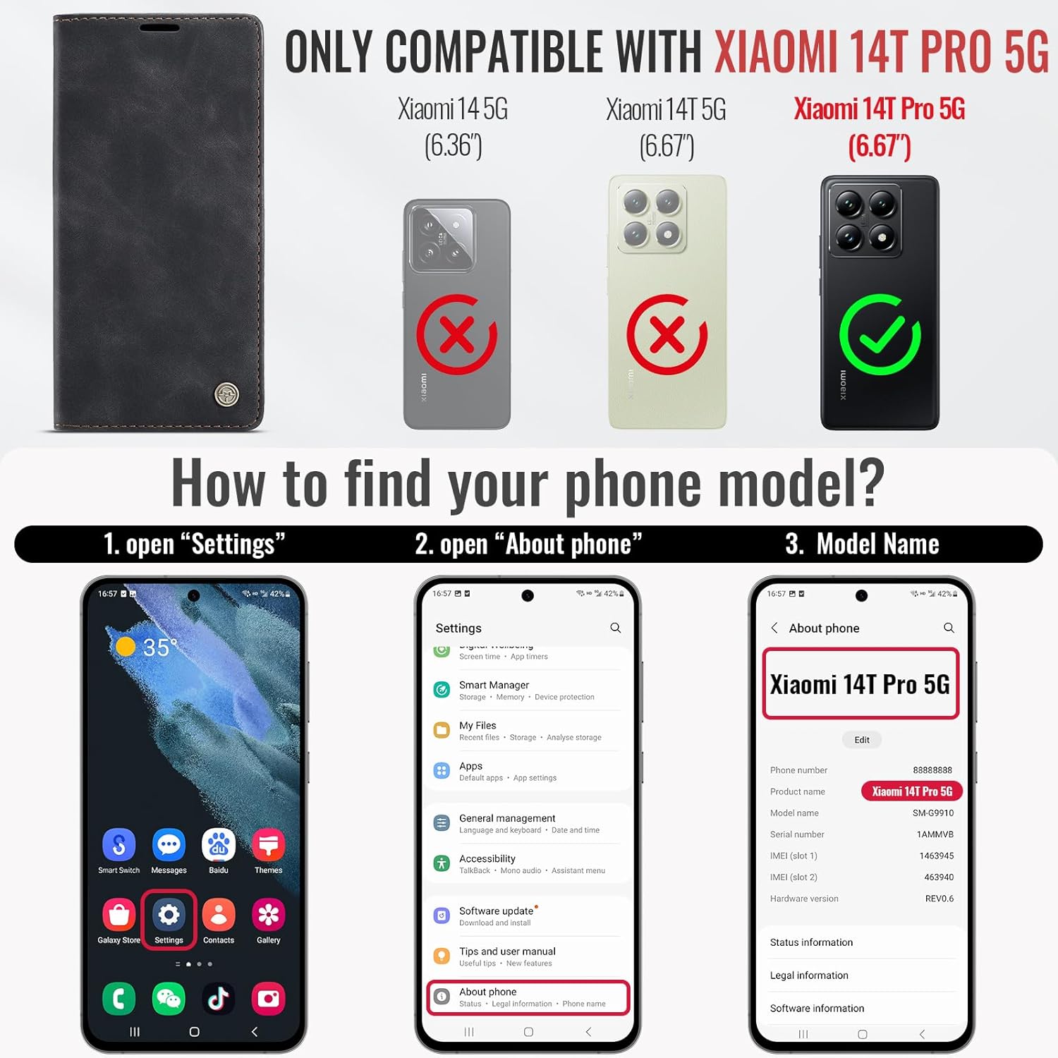 Thumbnail 2 de Samokor Hülle für Xiaomi 14T Pro 5G – klappbares Flip-Case aus Kunstleder mit Kartenfach und Standfunktion (Schwarz)