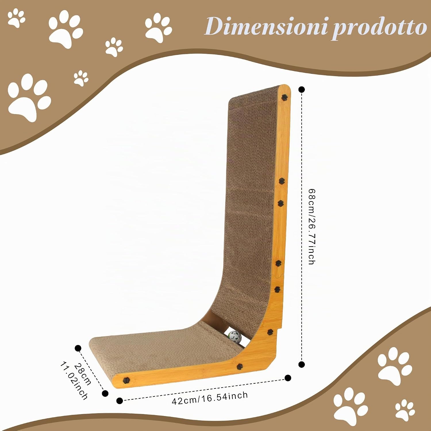 Detalle 2 de 68 cm Tiragraffi Cartone per Gatti a Forma di L – XXL, con Palla Sonagliante e Protezione per Pareti