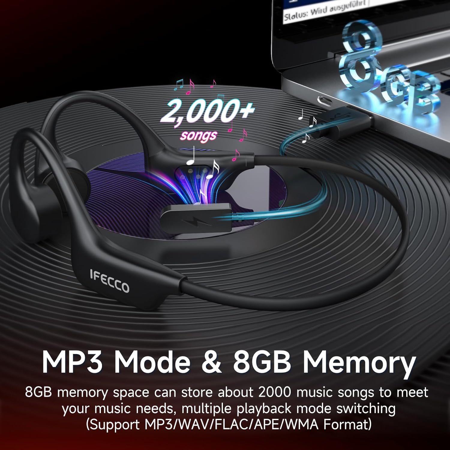Detalle de IFECCO Kopfhörer Schwimmen: Knochenschall, IP68, 8 GB MP3-Player – Open-Ear-Design