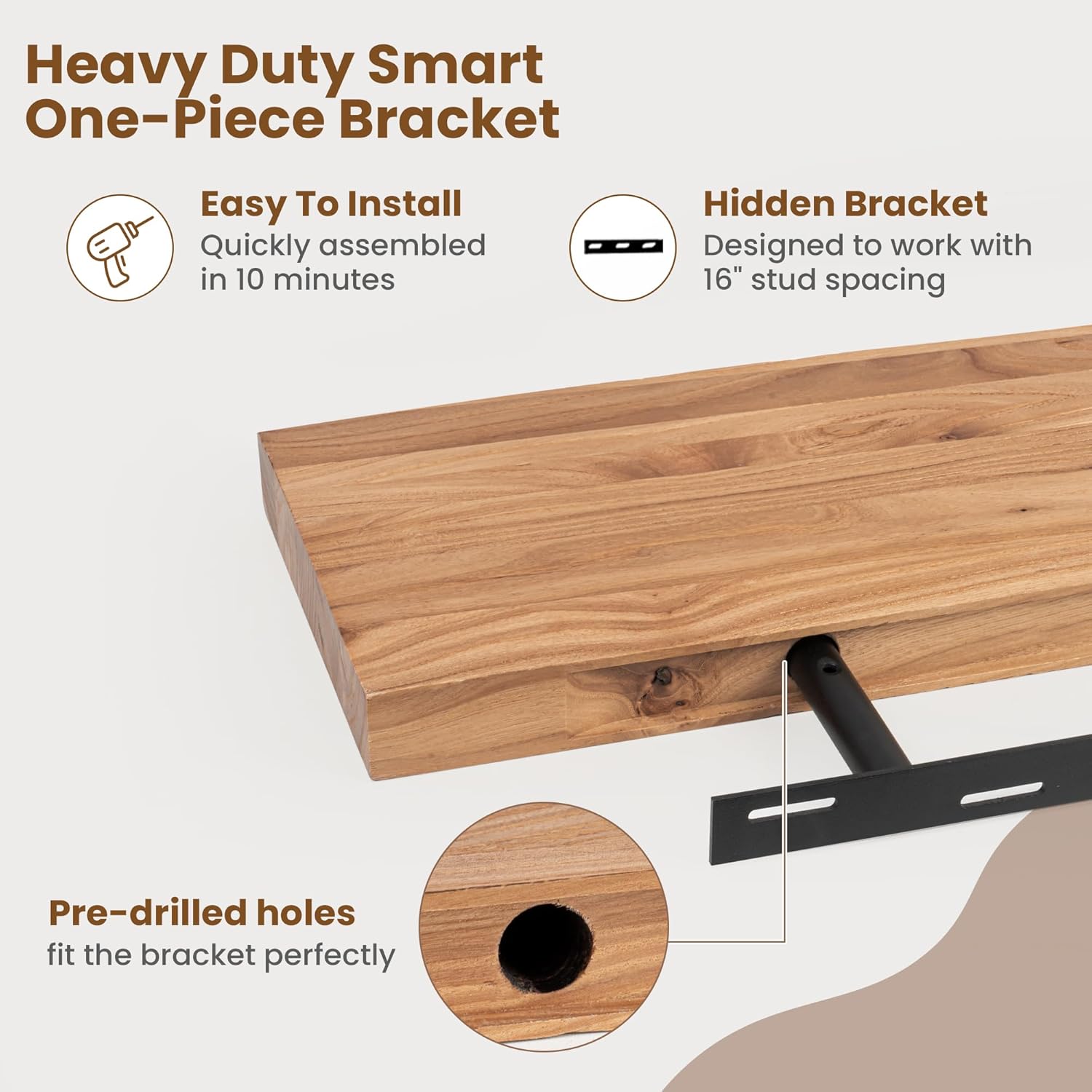 Thumbnail 5 de Floating Shelves for Wall Decor – Rustic Solid Elm Wood Live Edge Set of 2 (24 Inch), Natural