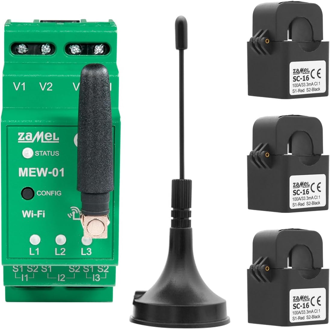 Detalle de Zamel Supla MEW-01/ANT – trójfazowy monitor energii Wi-Fi z anteną zewnętrzną