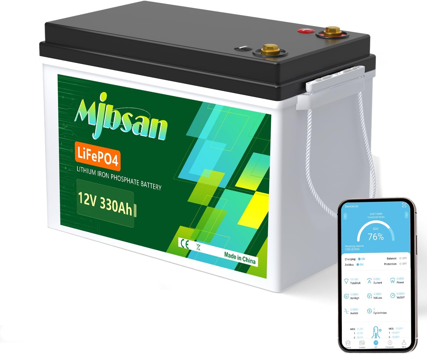 Detalle de Mjbsan 12V 330Ah LiFePO4-litiumbatteri med Bluetooth och 200A BMS