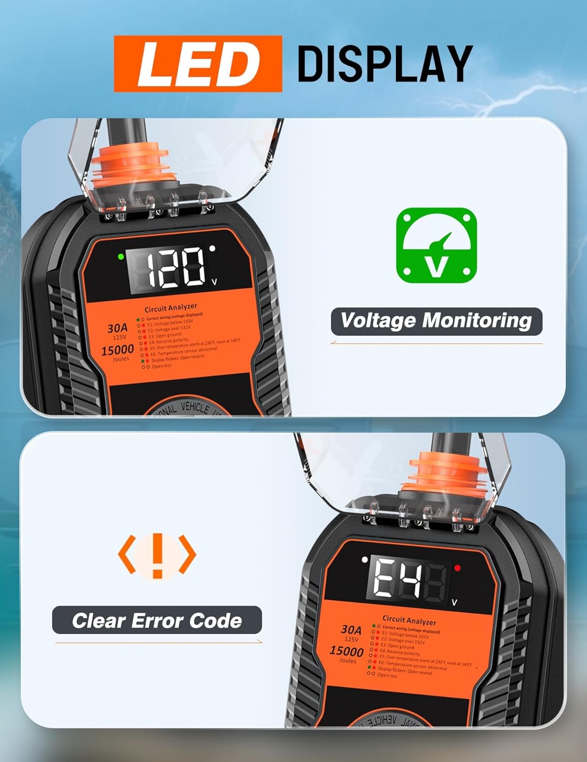 Thumbnail 3 de TOWTAMER 15,000J 30 Amp RV Surge Protector with LED Voltage Display & IP68 Waterproof Cover