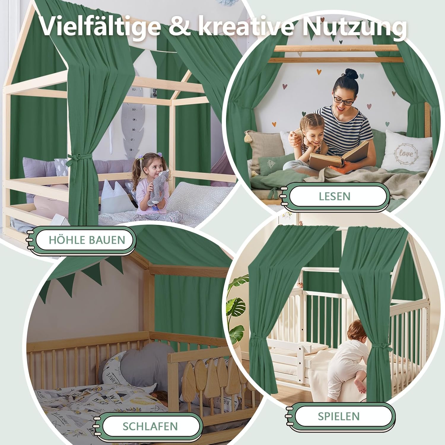 Thumbnail 3 de Alishomtll Hausbett Himmel Deko Set – 2 Betthimmel 135x320 cm, 100% Baumwoll-Musselin, Grün