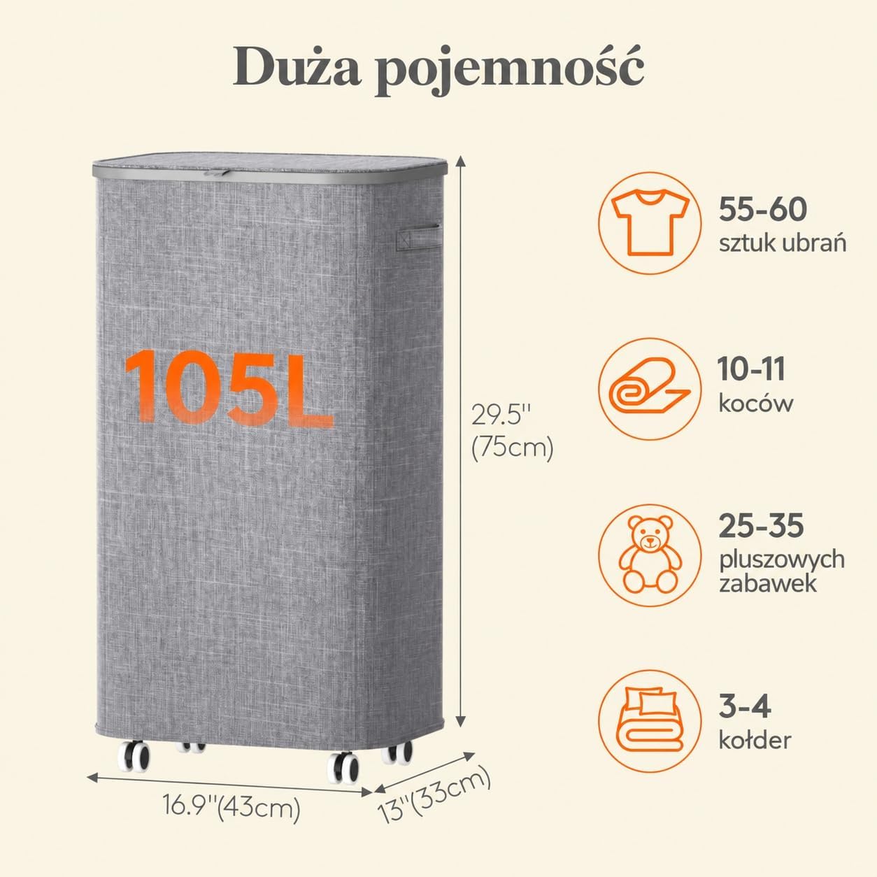 Detalle 2 de Lifewit 24599 – kosz na pranie 105 l z pokrywą i kółkami, jasnoszary