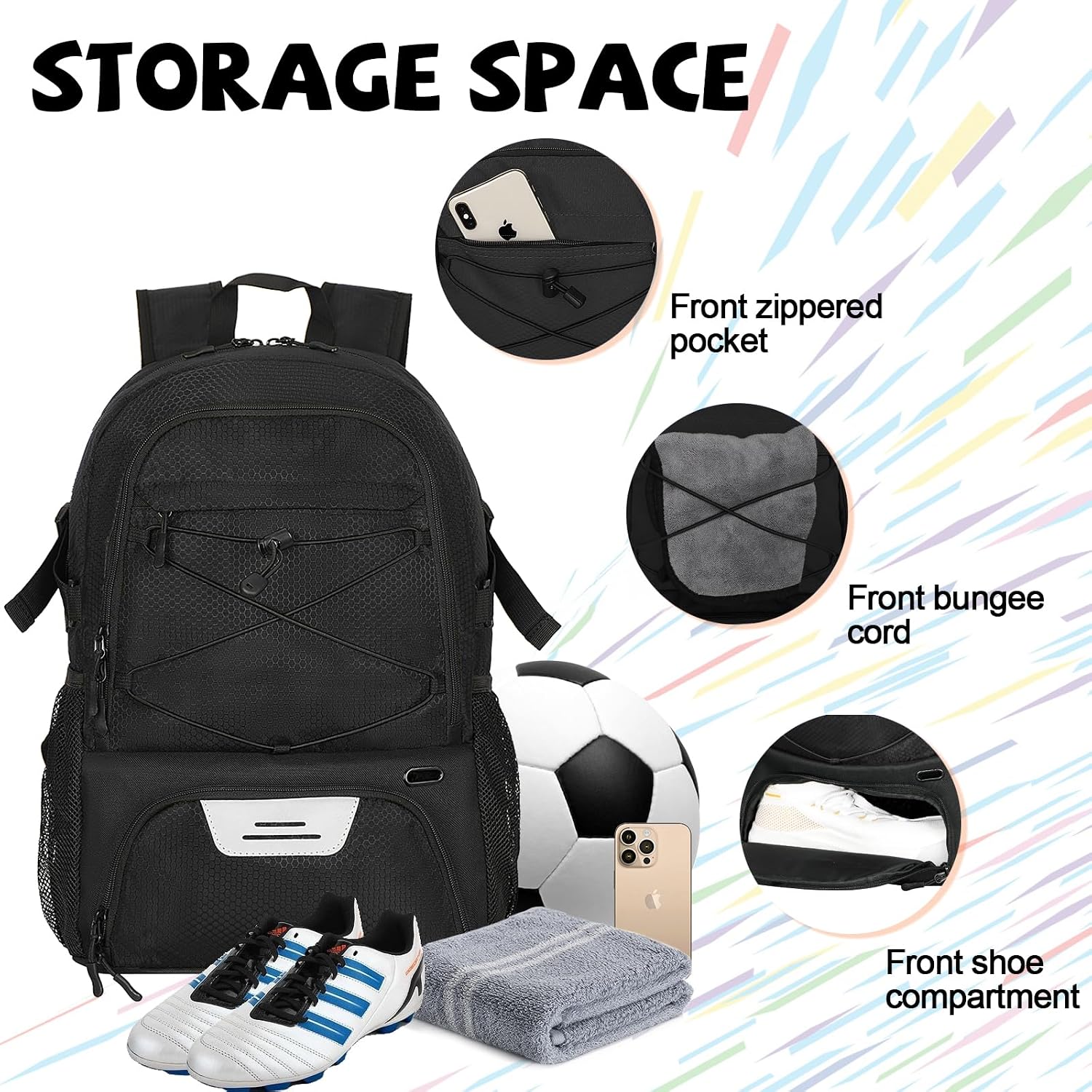 Detalle 2 de Goloni Soccer Bag(23037)-Black 35L Basketball Backpack with Shoe and Ball Compartments