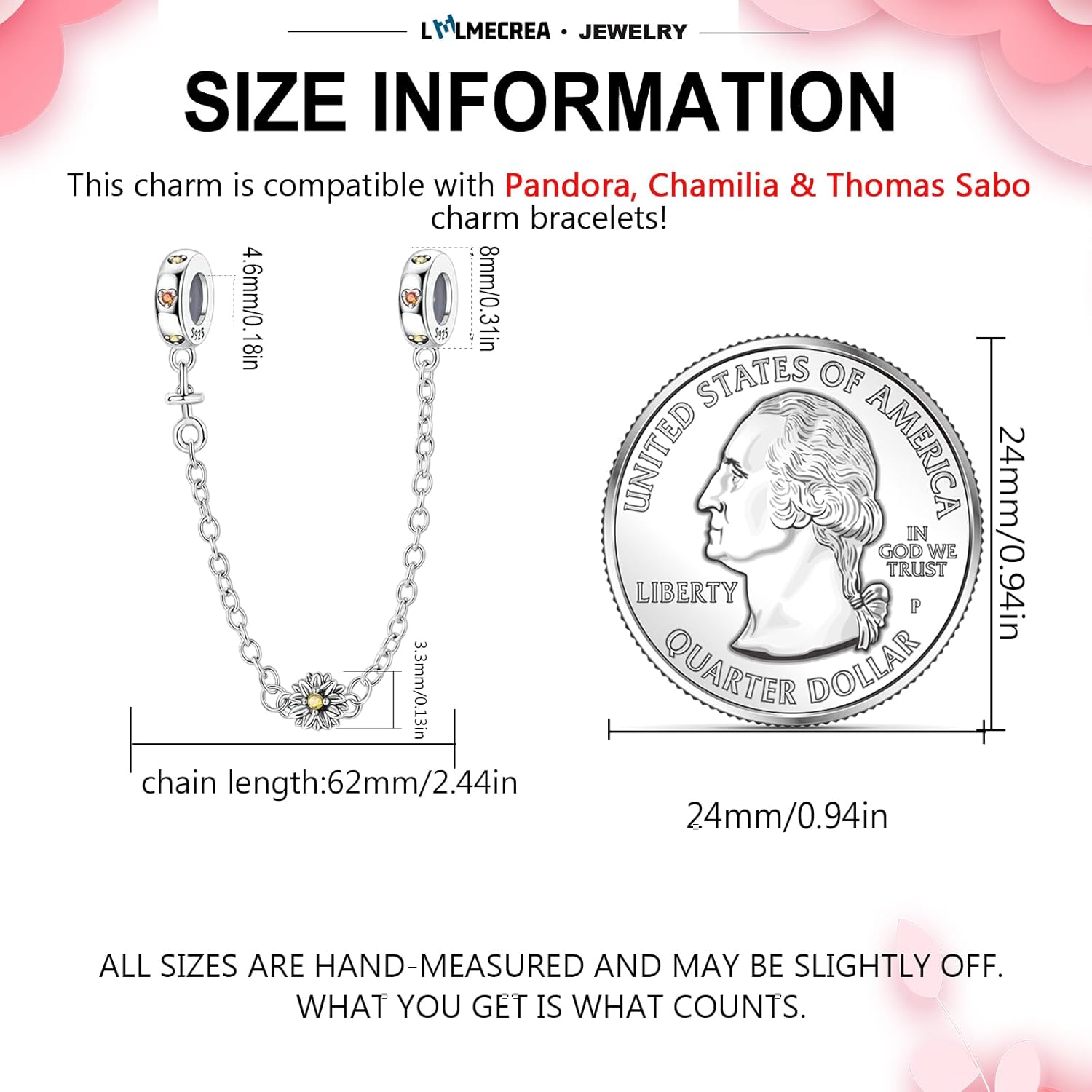 Detalle de LMLMECREA Damen Sicherheitskette 925 Silber – Clip Charm mit Gänseblümchen