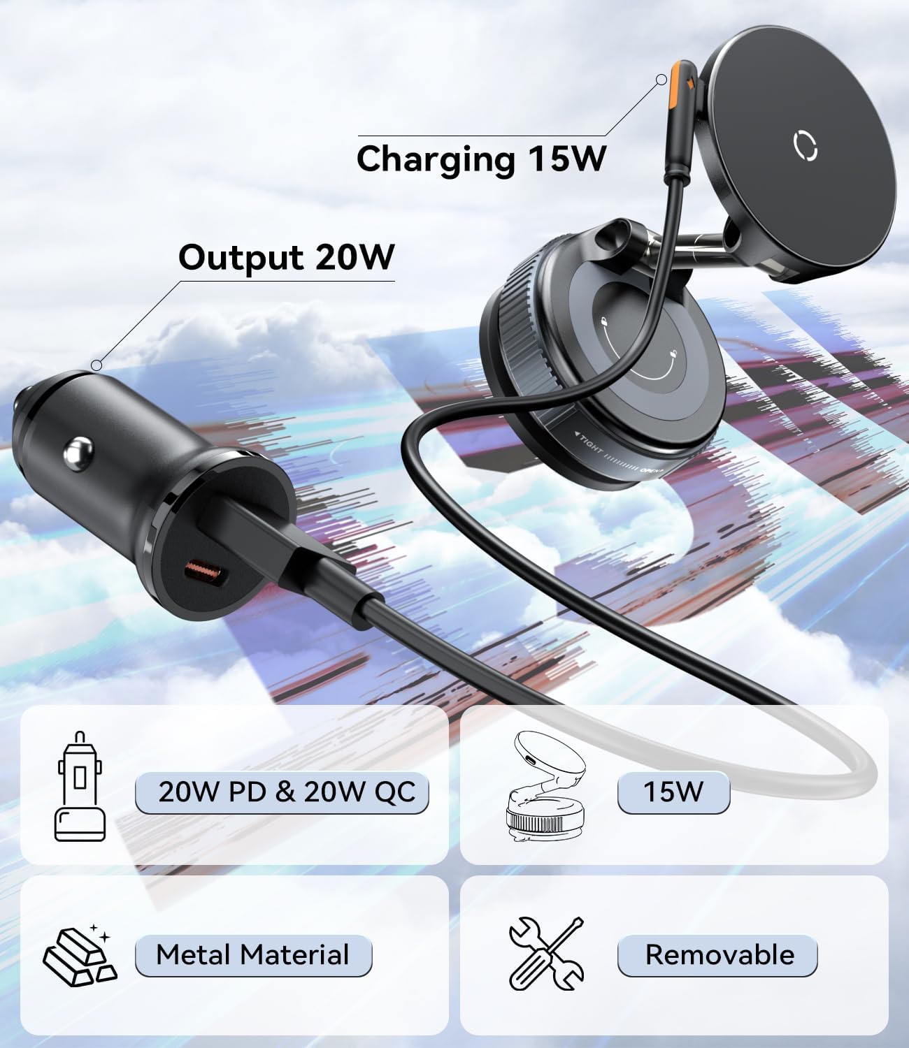 Thumbnail 1 de ALAFLY 15W MagSafe Car Mount Charger with Vacuum Suction – 360° Adjustable iPhone Holder