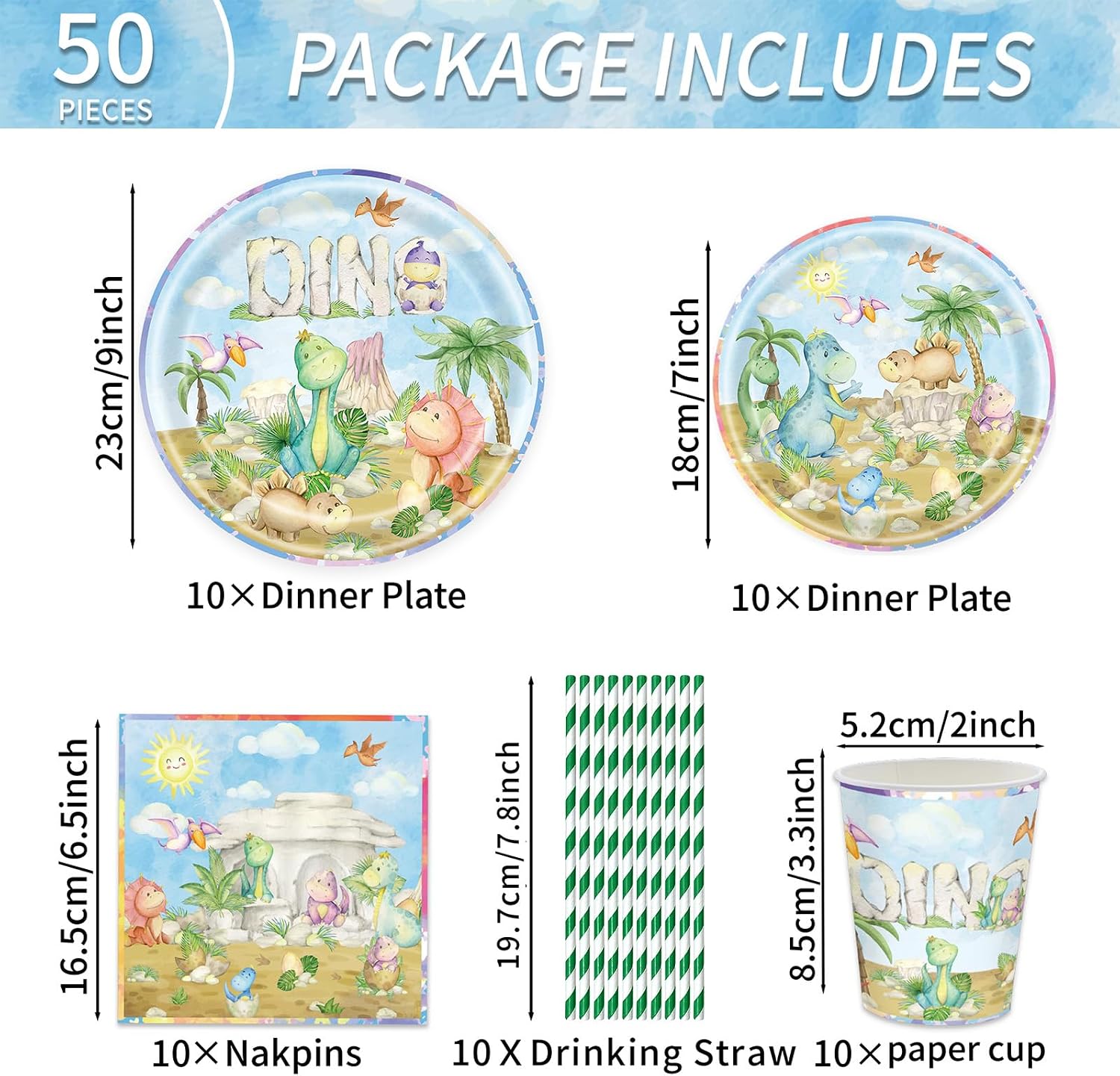 Detalle de Aitsite Dino Partygeschirr Set (50-teilig) für 10 Gäste – Cartoon Dinosaurier Teller, Tassen, Servietten & Strohhalme