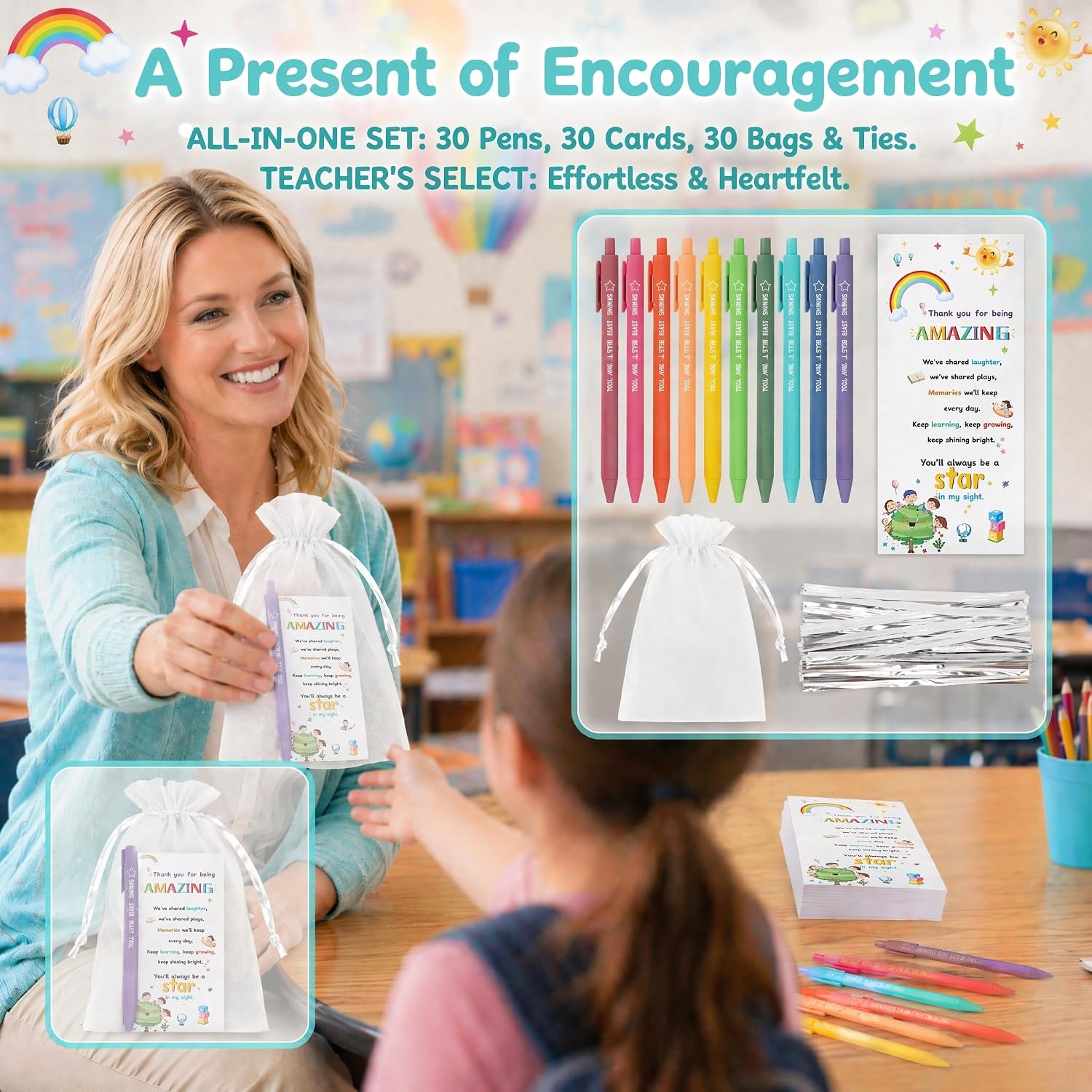 Detalle de End Of Term Gifts For Children: 30‑Pack 10 Colours Ballpoint Pens & Card Set