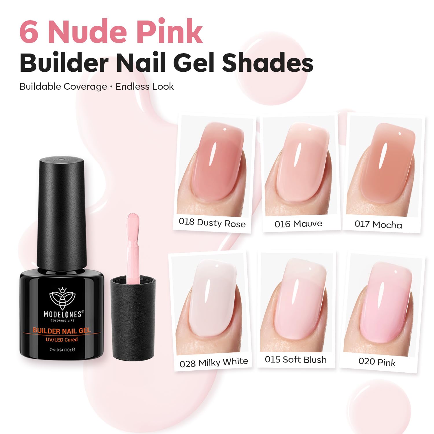Detalle 2 de modelones Builder Nail Gel Polish Set (Nude Pink Jelly Gel) with LED Lamp Cured Finish, 6 Colors