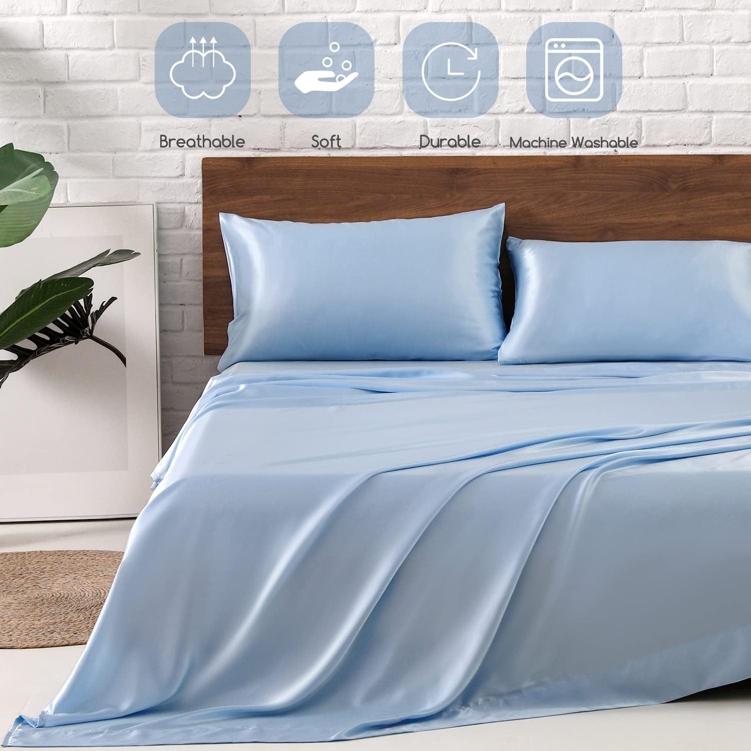 Detalle de MR&HM Satin Bed Sheets Full Size 4-Piece Set with 15-Inch Deep Pocket (Light Blue)