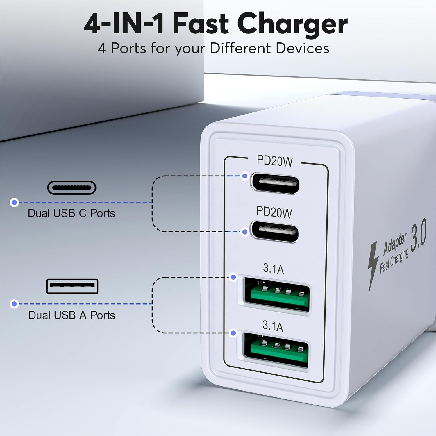 Thumbnail 3 de USB-C Fast Charger Plug 40W (4-Port) with Dual USB-C + Dual USB-A – UK mains wall adapter
