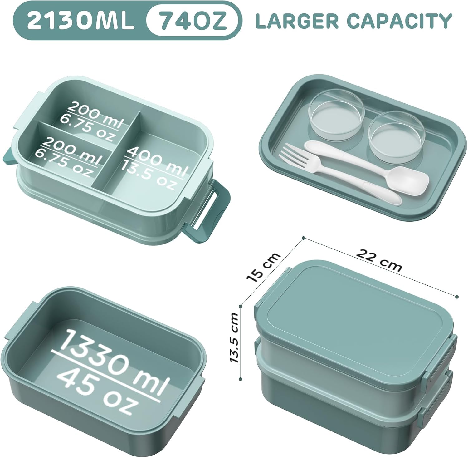 Detalle de WayEee lunchbox voor volwassenen, 2130 ml, 3 vakken, lekbestendig, groen