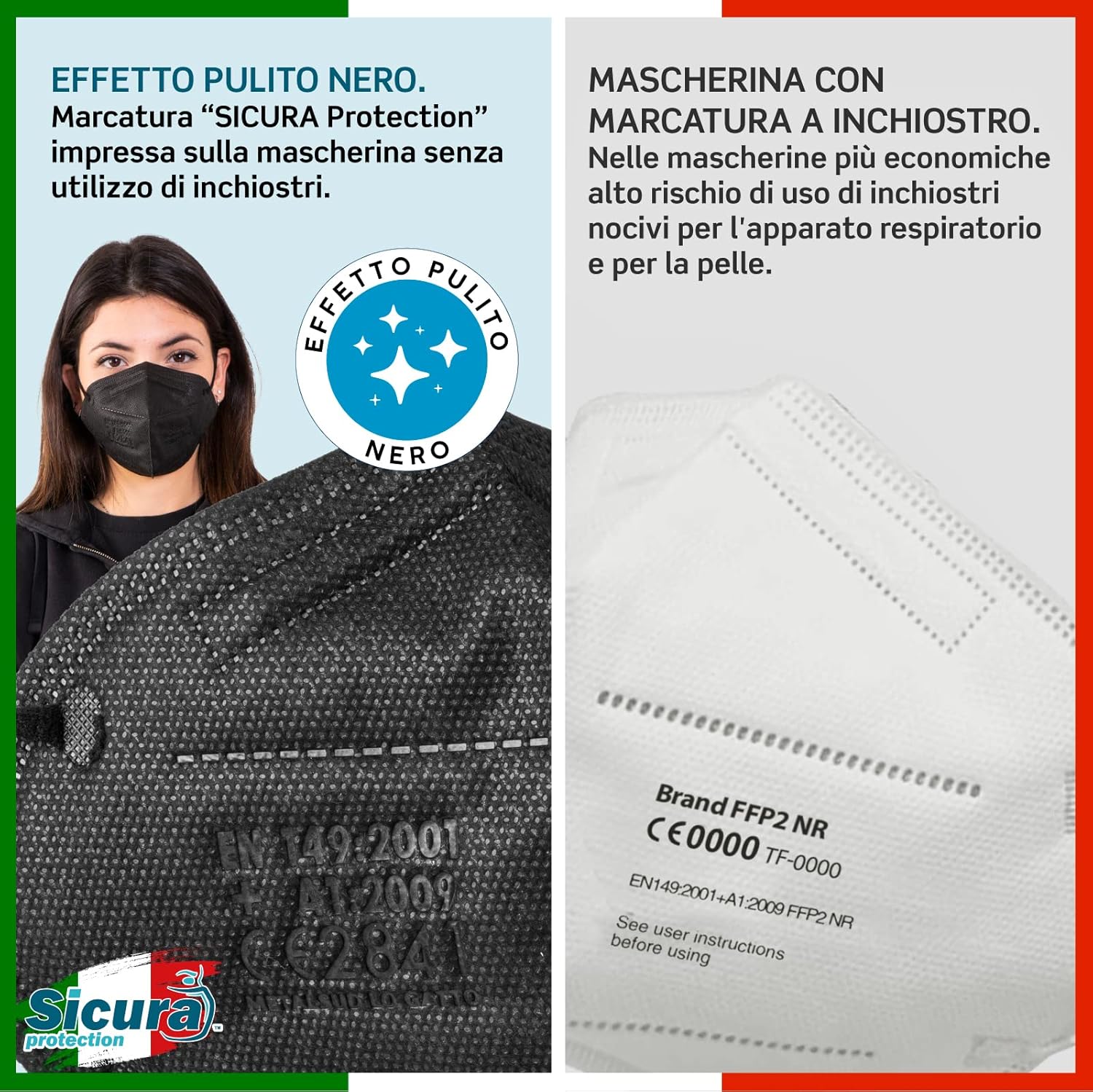 Detalle 2 de 20 Mascherine FFP2 CE certificate SICURA Protection, nere, Made in Italy (BFE ≥99%)