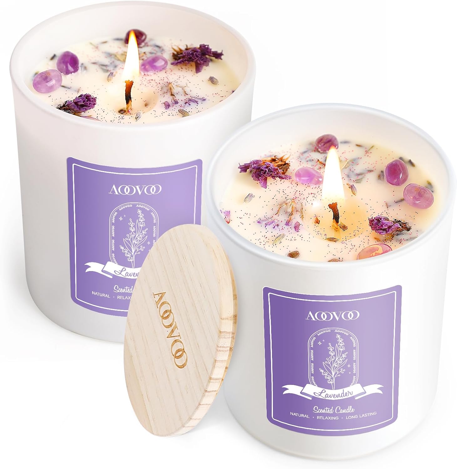 Detalle de AOOVOO Lavender Scented Candle Set 2 Pack with Crystals Inside — 14oz Soy Aromatherapy Candles for Home and Gifts