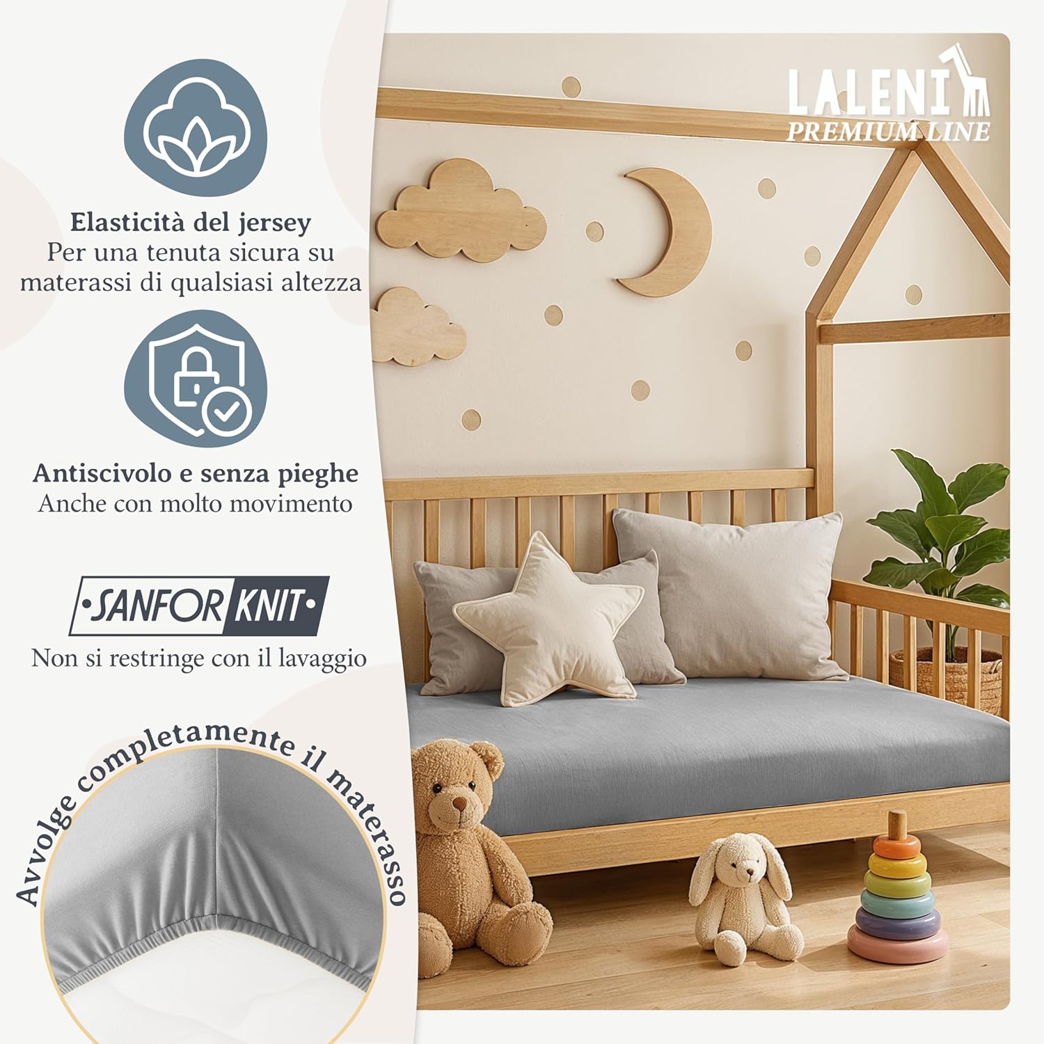 Thumbnail 4 de Laleni lenzuola per culla con angoli 38x77 cm in cotone OEKO‑TEX grigio (2 pz)