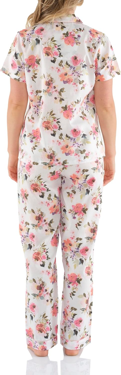 Detalle de Magnolia Lounge Pyjama Damen – Schlafanzug Lang mit Kurzarm-Top & Langer Hose aus 100% Baumwolle-Satin