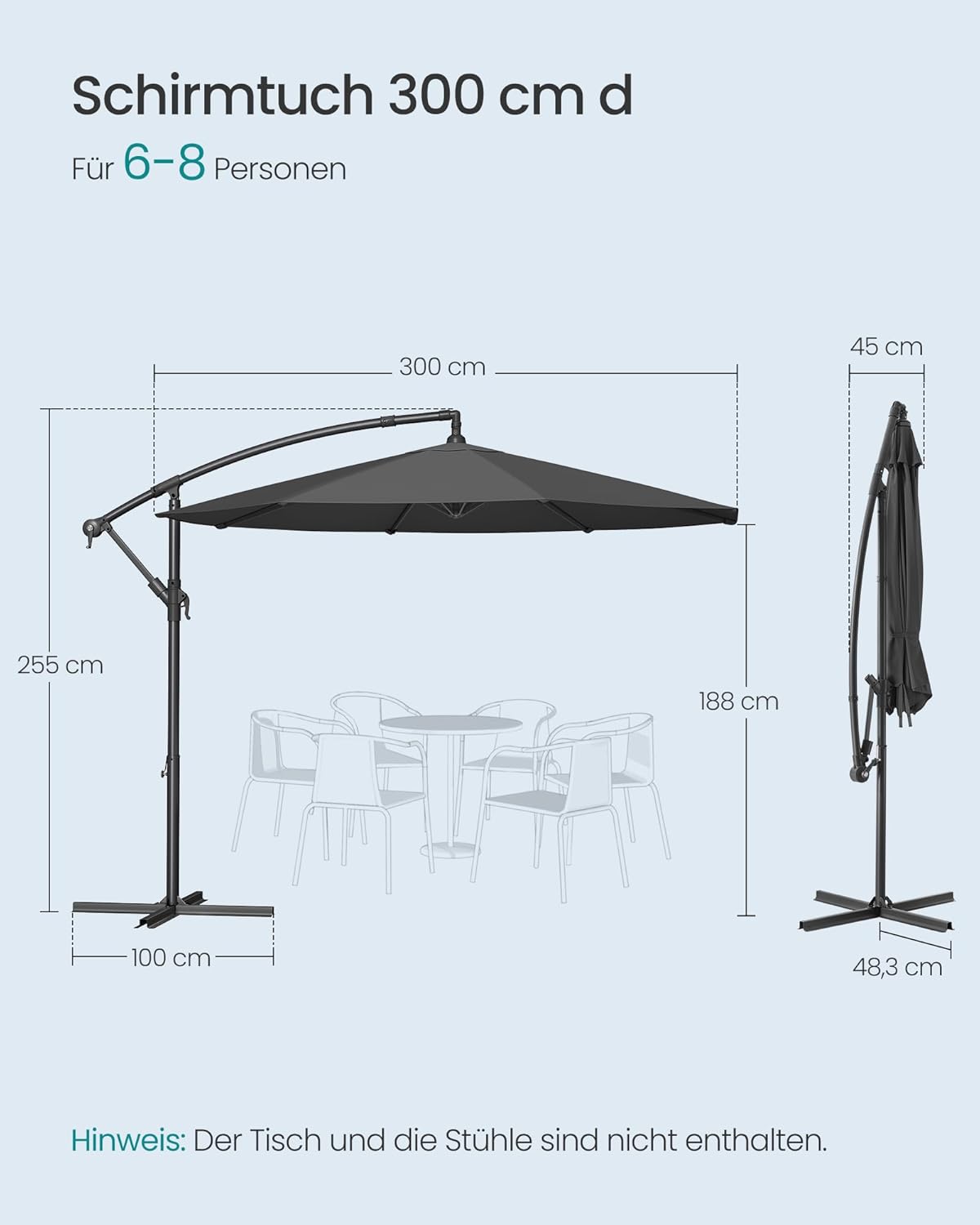 Thumbnail 4 de SONGMICS Ampelschirm 300 cm mit Ständer, UV-Schutz UPF 50+ und Kurbel (GPU116G01) – grau