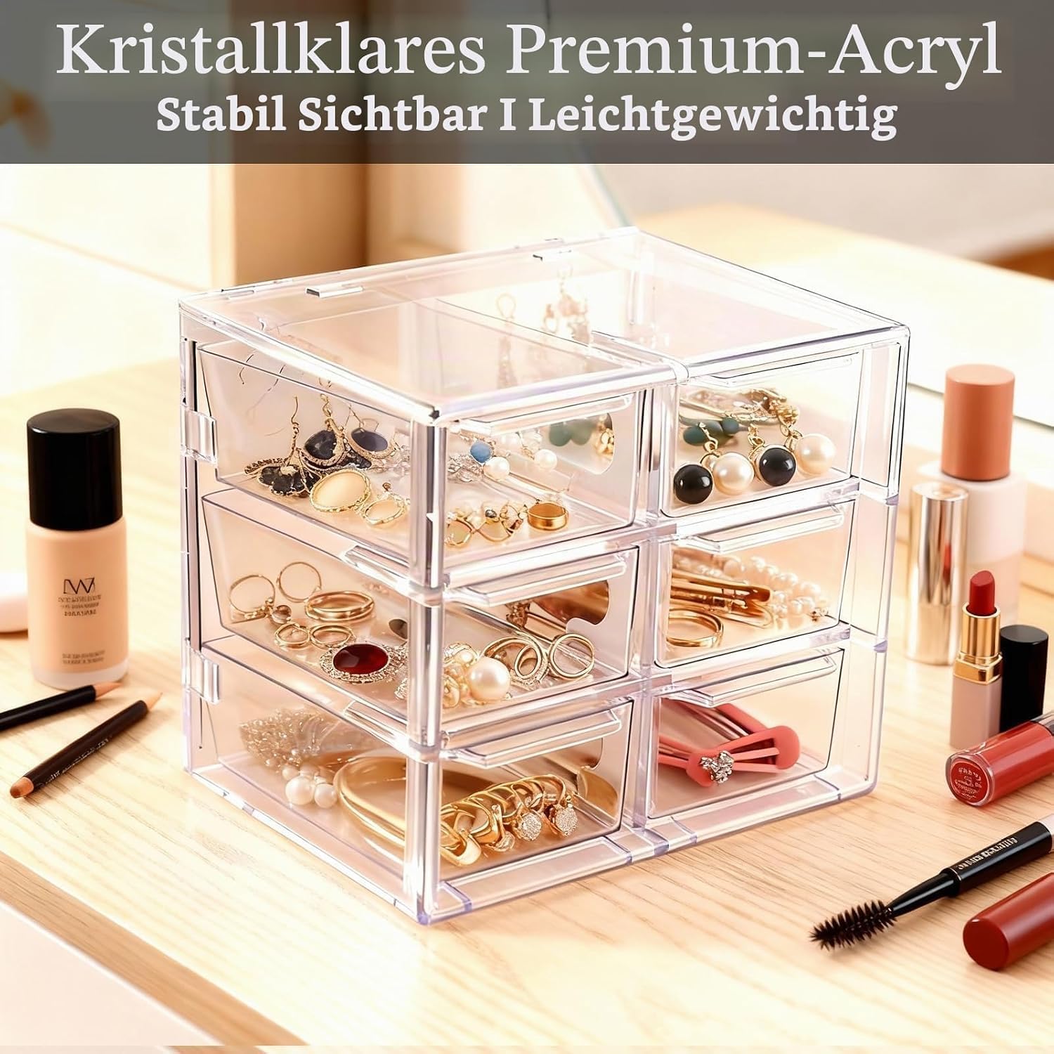 Detalle de LINLINOI 6CT bureau-organizer met 6 lades, transparante lades en stapelbaar