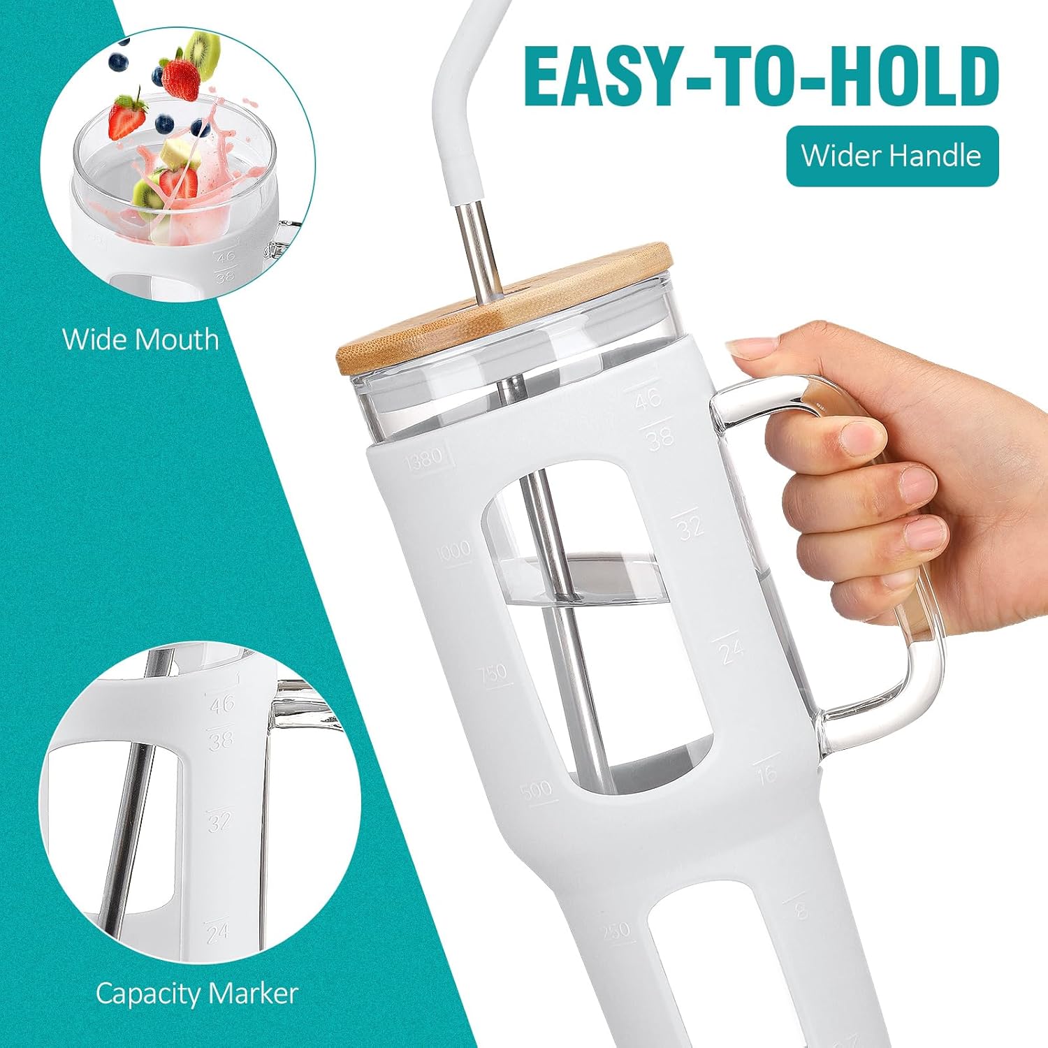 Thumbnail 1 de BLUEGO gobelet en verre avec couvercle 1400 ml, poignée et 2 pailles (sans BPA) – blanc